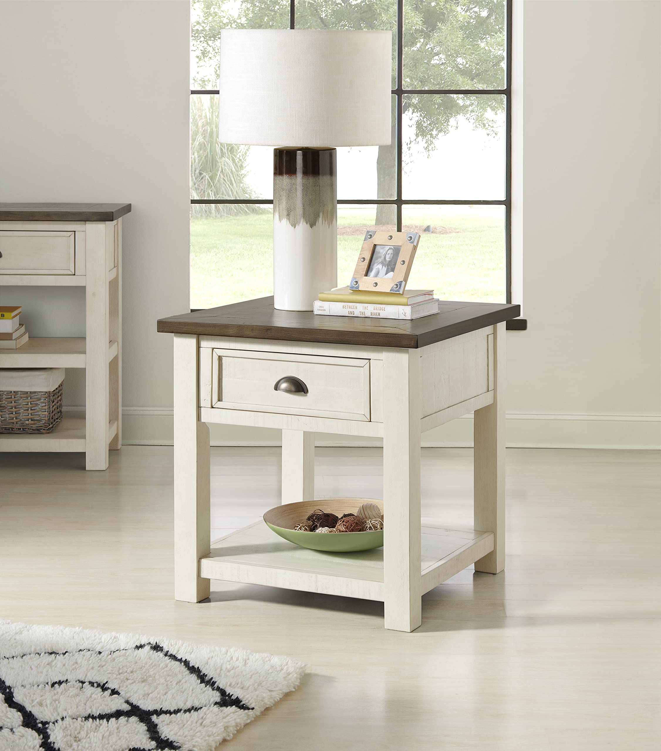 Martin Svensson Home Solid Wood End Table, Cream White with Brown Top